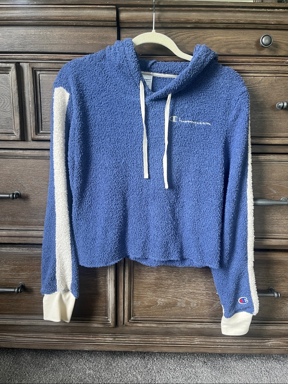 Champion Blue Sherpa Cropped Hoodie with Cream Stripes